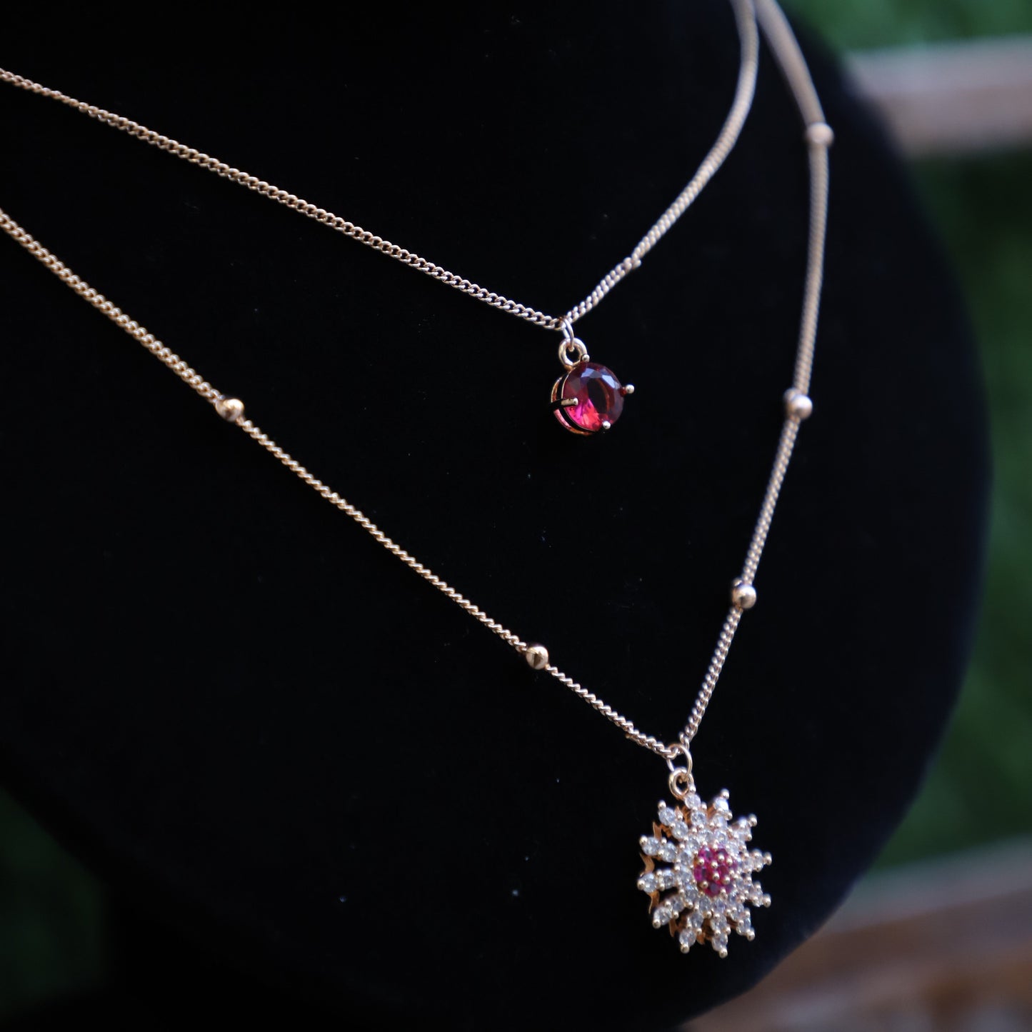 Delicate Layered Necklace Set with Red Gemstone Accents👌