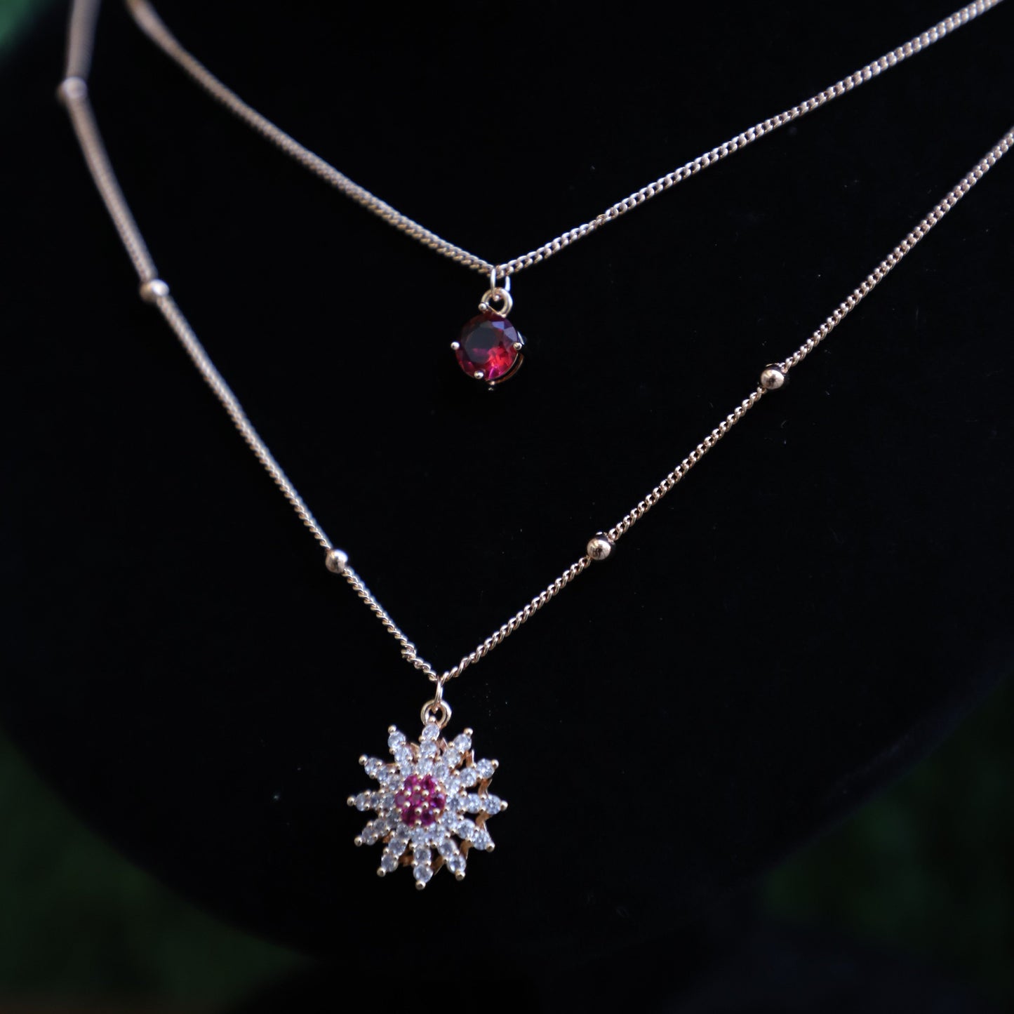 Delicate Layered Necklace Set with Red Gemstone Accents👌